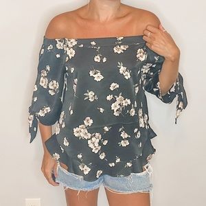 Black Floral Silk Off Shoulder Top
